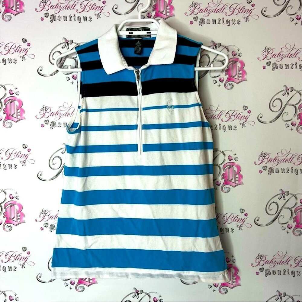 Ralph Lauren Blue and White Sleeveless Polo Shirt zip up